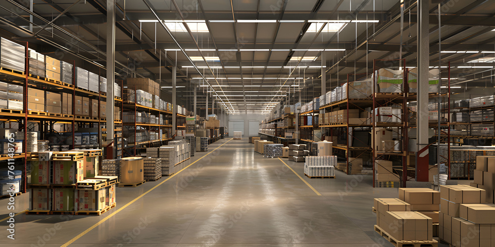 A large clean warehouse with shelfs carboard boxes and products Empty warehouse in logistic center ware house for storage and distribution centers 3d rendering.