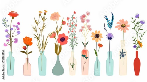 The collection of wild and garden blooming flowers in vases and bottles isolated on white background. Bundle of bouquets. Set of decorative floral design elements. Modern flat cartoon illustration. photo