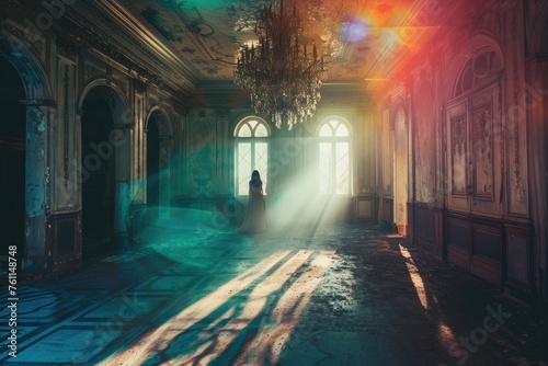 A person stands with a chandelier hanging from the ceiling in a well-lit room  A spectral image of a lady haunting an abandoned manor s opulent ballroom  AI Generated