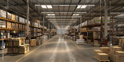 A large clean warehouse with shelfs carboard boxes and products Empty warehouse in logistic center ware house for storage and distribution centers 3d rendering.