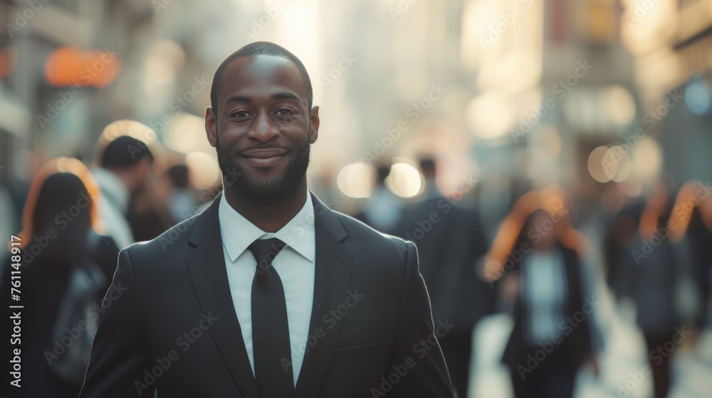 portrait of a handsome smiling young businessman boss in a black suit walking on a city street to his company office. blurry street background, confident - obrazy, fototapety, plakaty 
