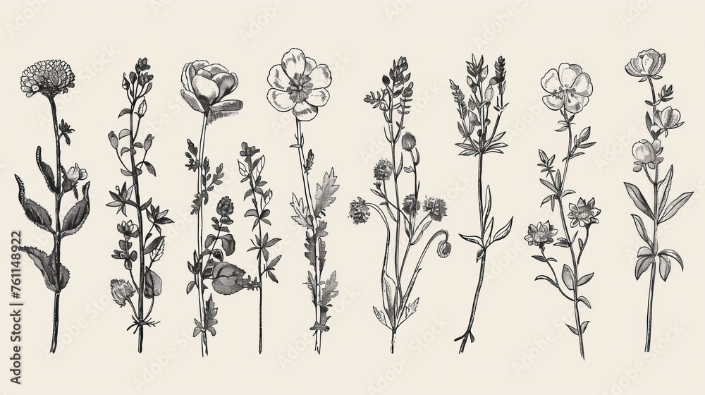 A set of botanical illustrations in the style of engravings depicting herbs and wild flowers. - obrazy, fototapety, plakaty 