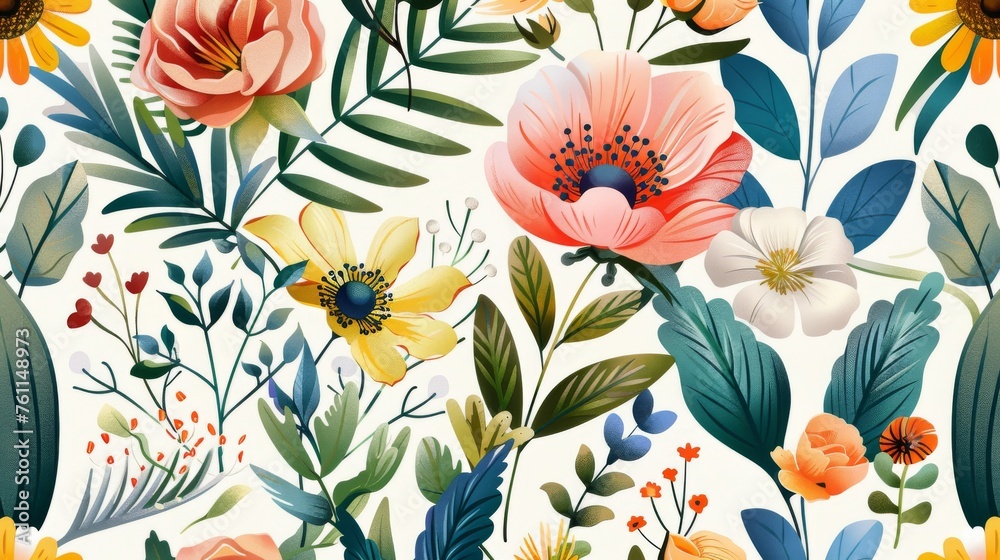 An old-style modern pattern of flowers surrounded by plants.