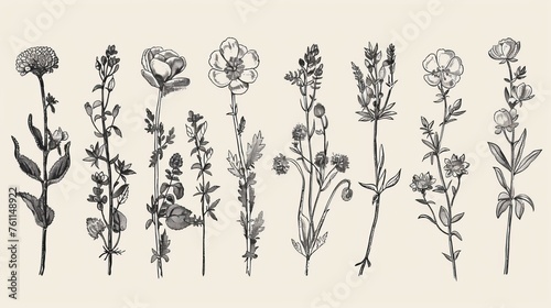 A set of botanical illustrations in the style of engravings depicting herbs and wild flowers.
