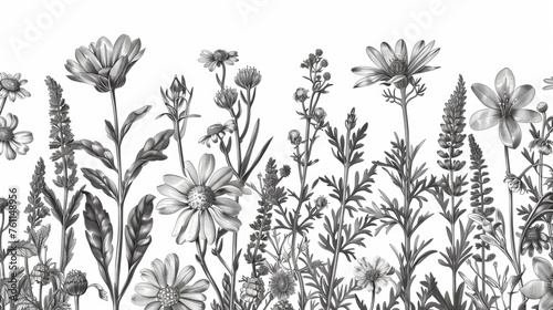 Herbs and wildflowers with a seamless floral border. Botanical illustration engraving style.