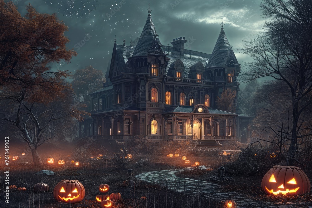A captivating image featuring a sizeable house adorned with multiple pumpkins displayed prominently in the foreground, A spooky Victorian manor on Halloween night, AI Generated