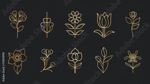 This set of modern logo design templates is in a trendy linear style with leaves and flowers. The signs are made of gold foil with black background and are suitable for luxury products, florist