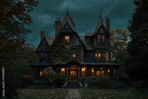 A haunting picture of a house with a menacing appearance, characterized by numerous windows, situated in a desolate and ominous environment, A spooky Victorian manor on Halloween night, AI Generated