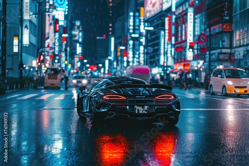A sleek black sports car speeds down a bustling city street, capturing the excitement of fast-paced urban life, A sports car blending into the rush of a city night, AI Generated © Iftikhar alam