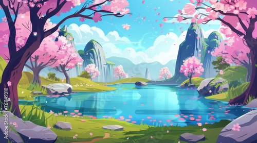 In spring, a lake is surrounded by pink blossoming sakura or cherry trees and mountains, surrounded by a cartoon modern forest with flowering wildflowers, pond water, and rocky hills.