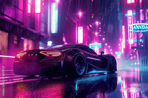 A sleek, futuristic car drives down a brightly lit city street at night, showcasing its modern design and technology, A sports car gleaming under neon city lights, AI Generated © Iftikhar alam