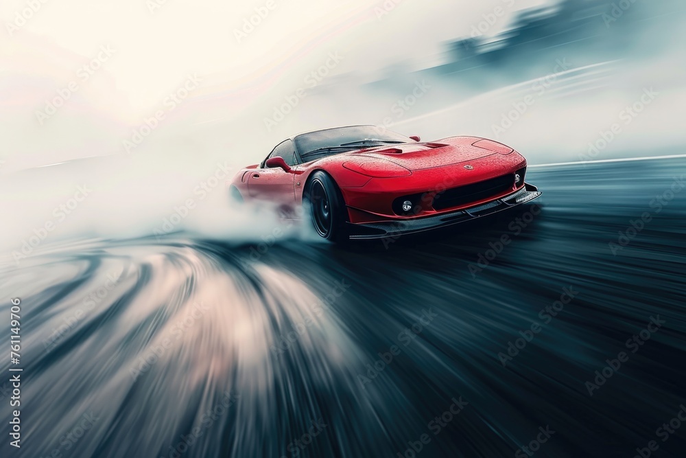 Naklejka premium A red sports car zooms down a busy urban road, showcasing its speed and sleek design, A sports car making a tight turn during a high-speed race, AI Generated