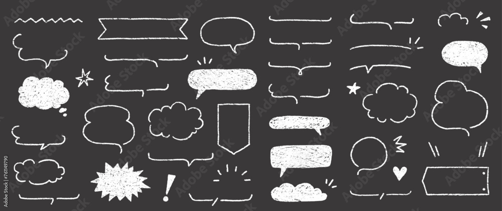 Cute crayon frame speech bubble set. Crayon chalkboard background speech bubble frame. Hand drawn chalk pencil dialog balloon, japan handwriting doodle text cloud. Vector illustration