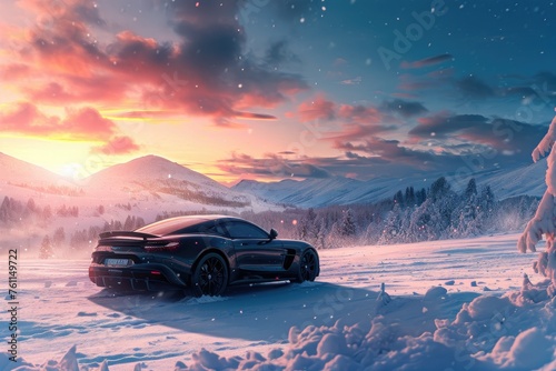 A car drives through a field covered in snow, leaving tracks in its wake, A sports car parked amidst a snowy landscape, AI Generated