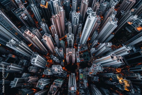 An aerial view captures the brightly lit streets and towering skyscrapers of a vibrant city at night, A sprawling labyrinth of skyscrapers as seen from above, AI Generated