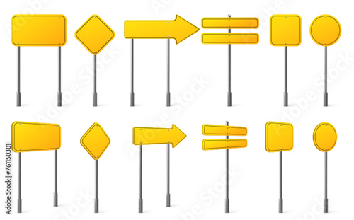 Yellow street sign board on metal pole. Realistic 3d vector illustration set of blank traffic road signpost for warning or direction text. Empty notice and caution billboard on white background.