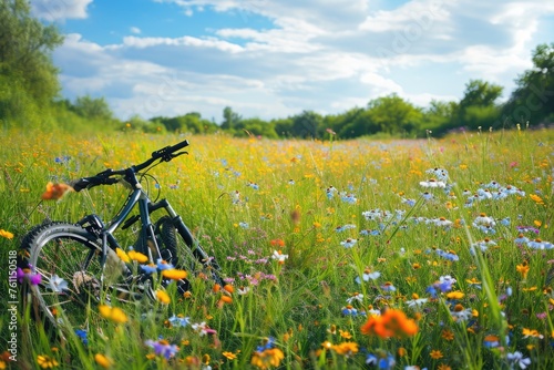 A vintage red bicycle stands parked among a vibrant, colorful field of wildflowers under a blue sky, A spring meadow filled with wildflowers, with a bike laying on the ground nearby, AI Generated © Iftikhar alam