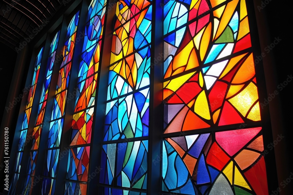 A large stained glass window with intricate designs and vibrant colors illuminates a historic building, A stained-glass window-style design using bold colors, AI Generated A large stained glass window with intricate designs and vibrant colors illuminates a historic building, A stained-glass window-style design using bold colors, AI Generated