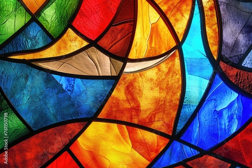 A detailed close-up photo capturing the intricate design and vibrant colors of a stained glass window in a cathedral, A stained-glass window-style design using bold colors, AI Generated