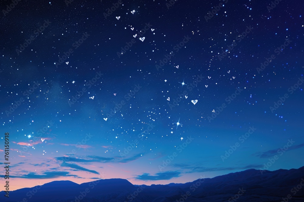 A clear night sky showcasing a multitude of stars, creating a spectacular celestial display, A starry night sky with heart-shaped constellations for Valentine's Day, AI Generated