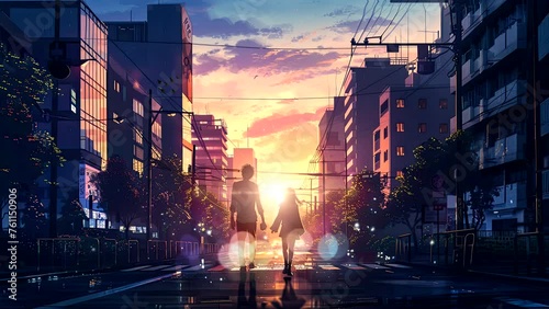 Hand in Hand: Anime Couple's Morning Adventure. Seamless looping time-lapse virtual 4k video animation background photo