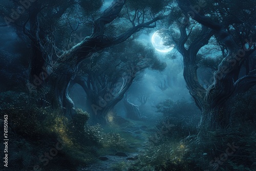 A captivating digital artwork of an enchanted forest bathed in moonlight, with magical glows and sparkling light among ancient trees. Resplendent. photo