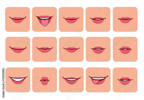 Red lips collection. woman lips expressing different emotions, such as smile, kiss, half-open mouth, biting lip, lip licking, tongue out.