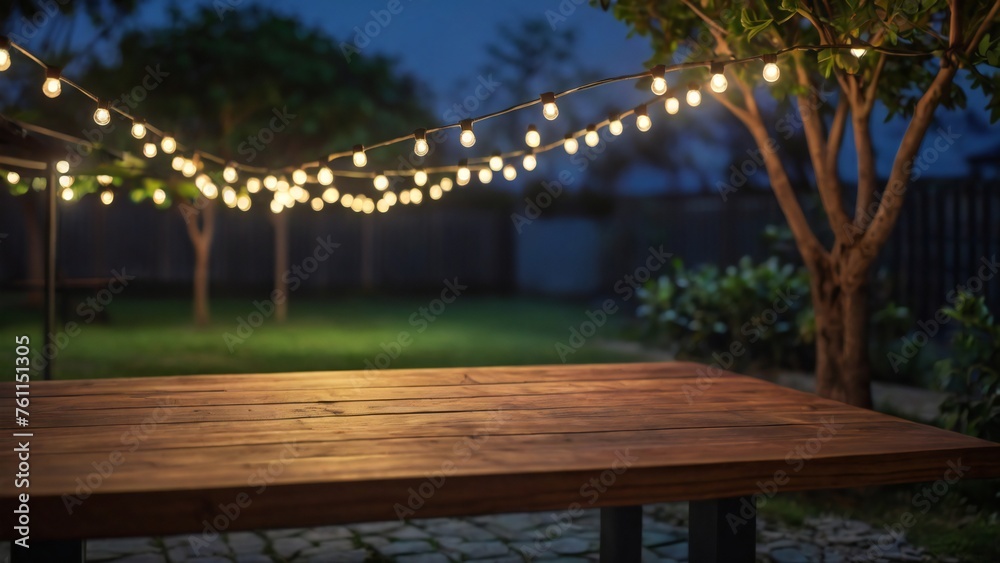 Empty Wood table top with decorative outdoor string lights hanging on tree in the garden at night time, Glowing Natural background.	