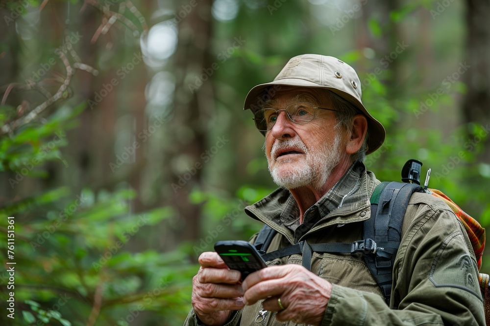 Portrait of an elderly gray-haired man in tourist outfit with backpack holding GPS device in his hand outdoors. Senior man practice hiking in forest. Active lifestyle and hobby for retirees.