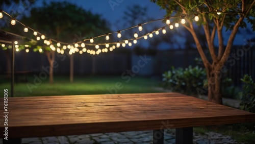 Empty Wood table top with decorative outdoor string lights hanging on tree in the garden at night time, Glowing Natural background.	