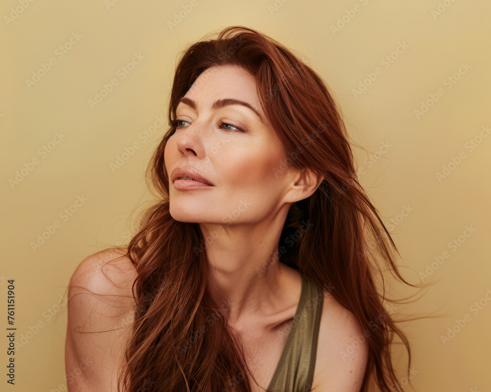 Woman portrait in her mid thirties isolated from a beige copyspace background Woman portrait in her mid thirties isolated from a beige copyspace background
