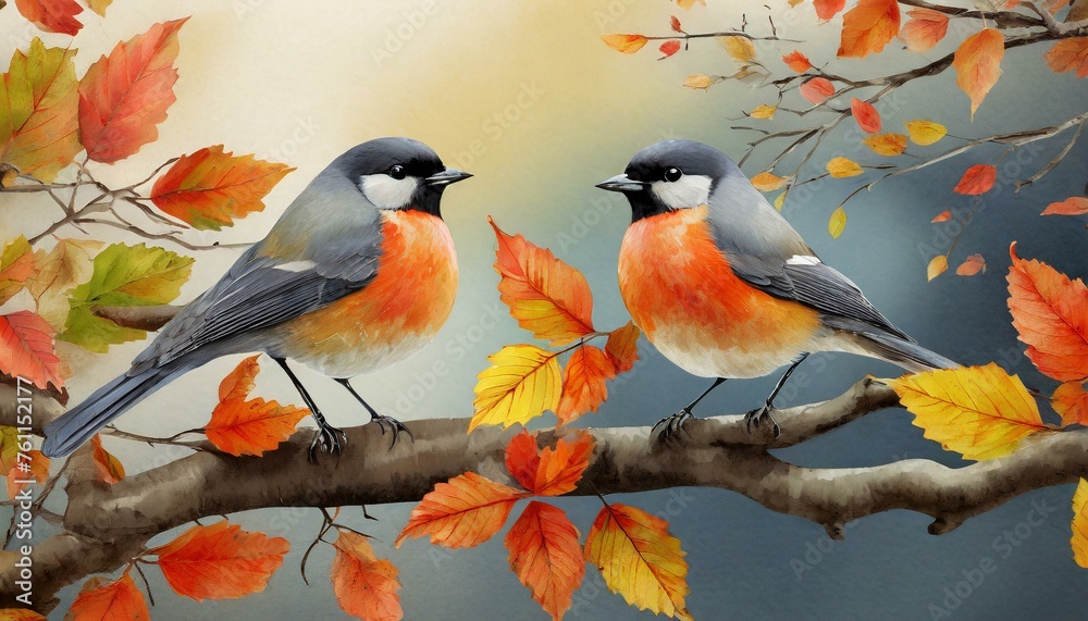 Autumn Serenade: Two Birds Perched Among Vibrant Leaves Autumn Serenade: Two Birds Perched Among Vibrant Leaves