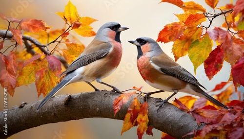 Autumn Serenade: Two Birds Perched Among Vibrant Leaves"
