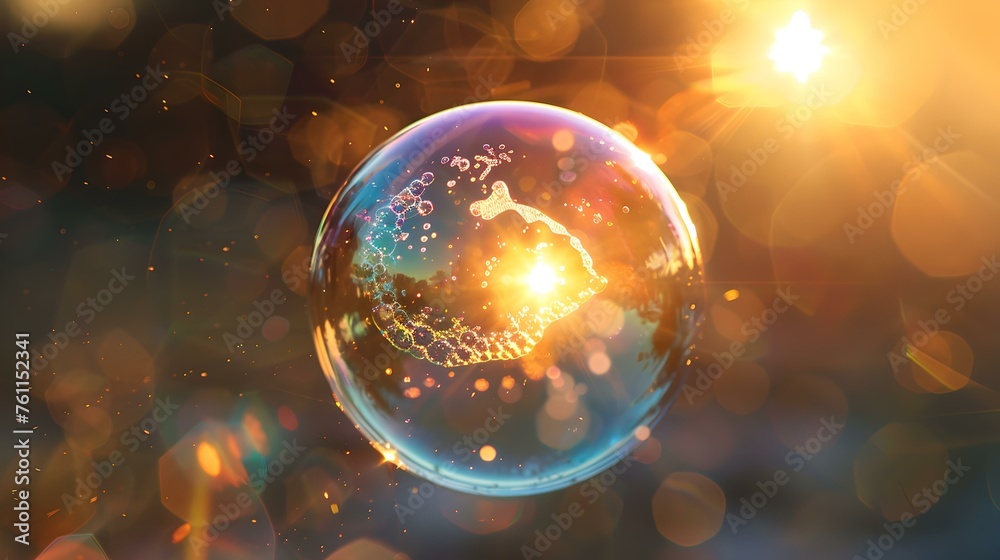 Close-up shot of a single shimmering soap bubble. vivid colors with a bokeh effect. ideal for background or abstract art. captured in sunlight. AI Close-up shot of a single shimmering soap bubble. vivid colors with a bokeh effect. ideal for background or abstract art. captured in sunlight. AI