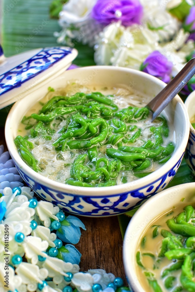 Lod chong Thai Dessert made with flour in coconut milk,pandan noodled with coconut milk,cendol Lod chong Thai Dessert made with flour in coconut milk,pandan noodled with coconut milk,cendol