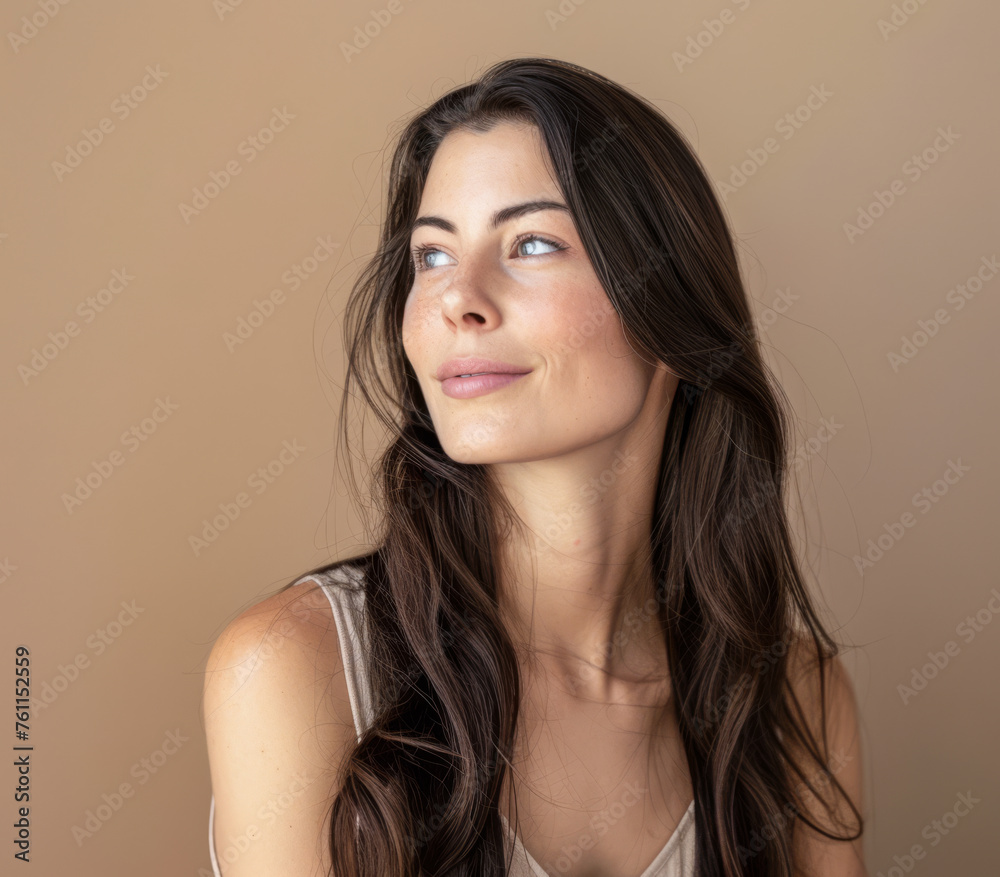 Woman portrait in her mid thirties isolated from a beige copyspace background Woman portrait in her mid thirties isolated from a beige copyspace background