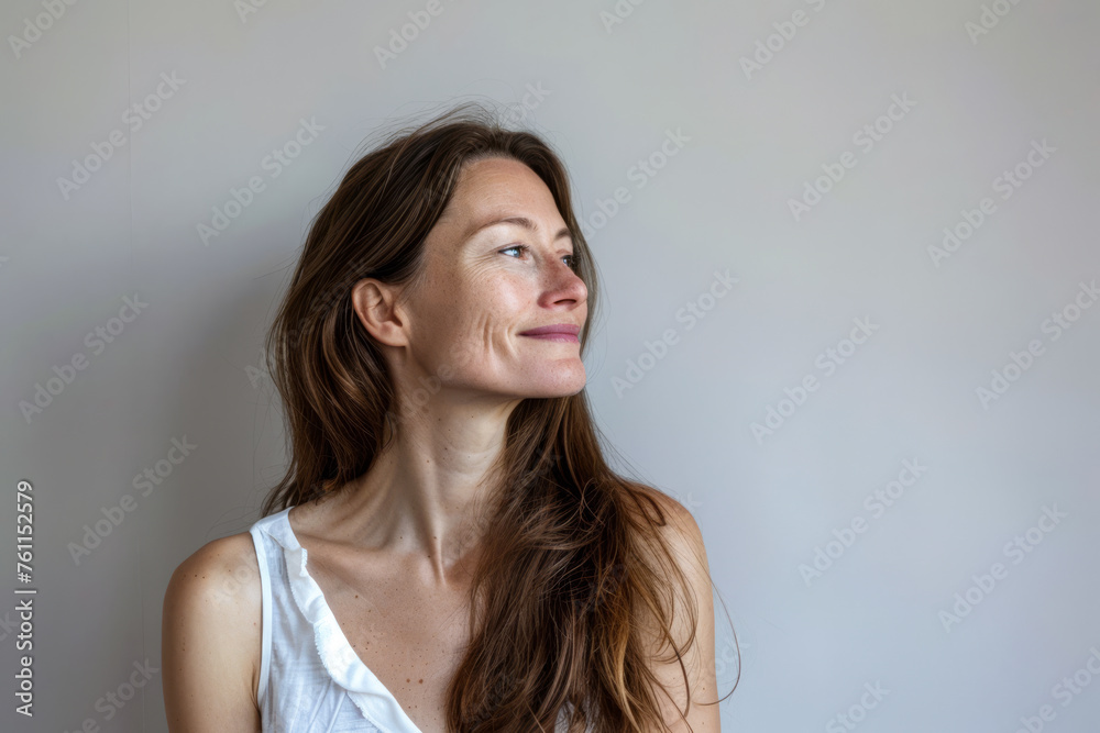 Woman portrait in her mid thirties isolated from a beige copyspace background Woman portrait in her mid thirties isolated from a beige copyspace background