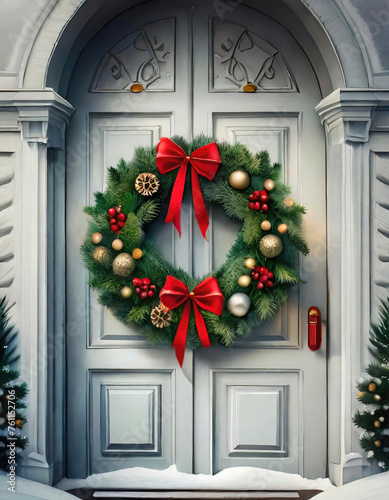 Beautiful Christmas wreath hanging on the white entrance door of a house.