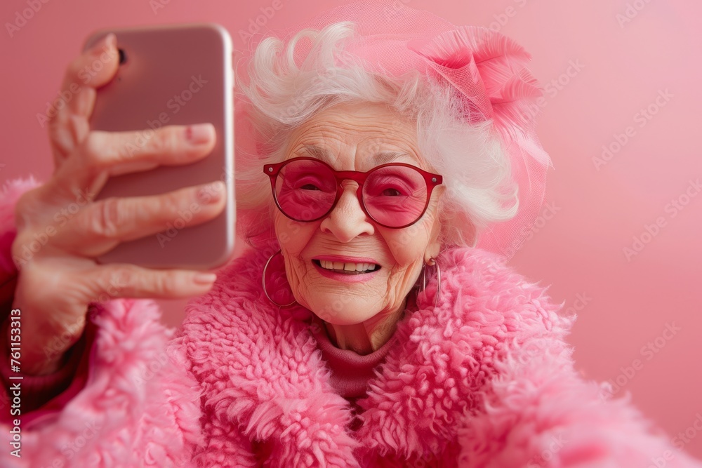 Close-up portrait of elderly gray-haired woman in fashionable attire taking selfie on a smartphone. Stylish senior lady wearing pink coat and glasses smiling cheerfully. Pastel pink background.