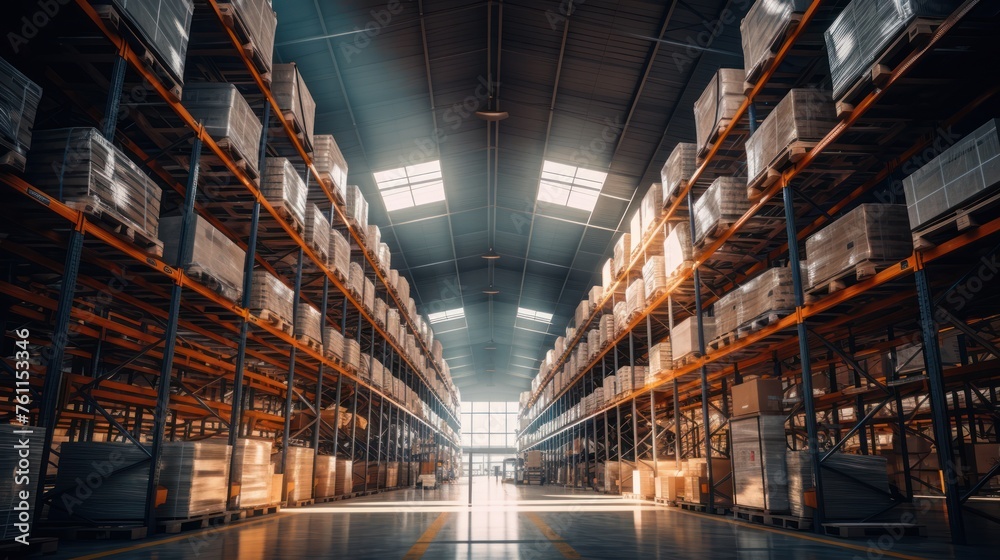 Huge distribution warehouse with high shelves, bottom view.