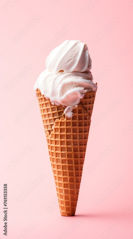 Ice cream in a waffle cone on a pink background Ice cream in a waffle cone on a pink background