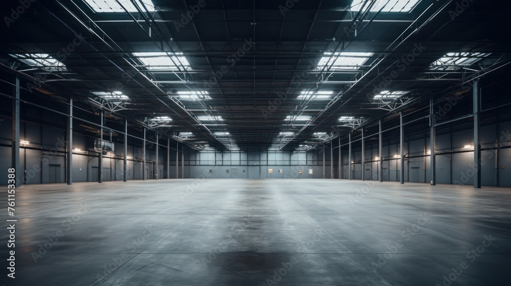 The interior of a large modern empty industrial warehouse.