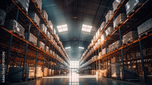 Huge distribution warehouse with high shelves, bottom view.