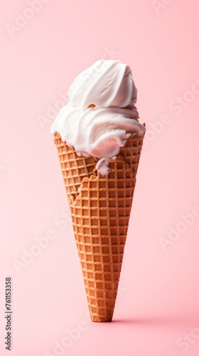 Ice cream in a waffle cone on a pink background