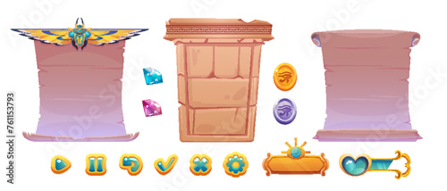 Egyptian game ui frame and button collection. Cartoon vector illustration set of ancient Egypt elements for gui design - part of stone wall and papyrus as text box, interface clicker and progress bar.