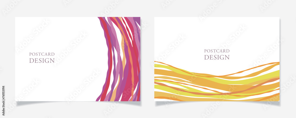 波のようなラインで描いたポストカードデザイン02【ピンク系／イエロー系】 - obrazy, fototapety, plakaty 