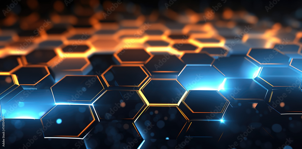 Futuristic abstract technology wallpaper background concept design with metallic 3d hexagon structures and digital lighting rendering