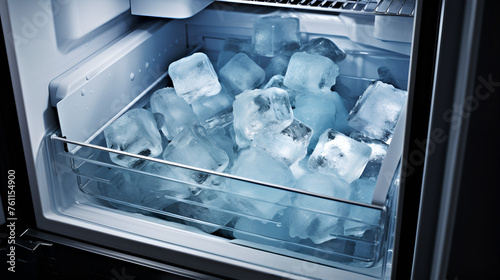 An open freezer showing ice, crystalline structures forming in the freezing process