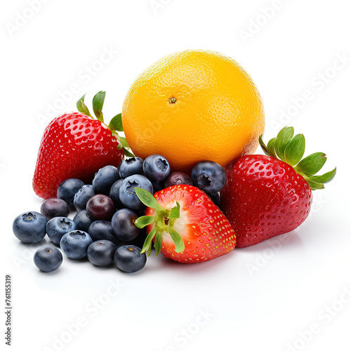 Organic  natural  fresh and healthy assortment of fruit  strawberries  oranges  blueberries on white background 