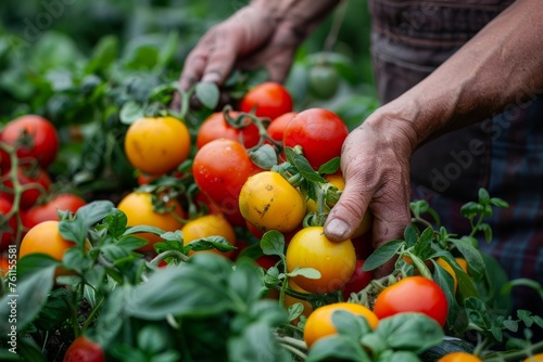 Close-up of male hands harvesting fresh ripe tomatoes in a greenhouse. The farmer grows vegetables for your table. Healthy organic food, vegetables, agriculture concept.